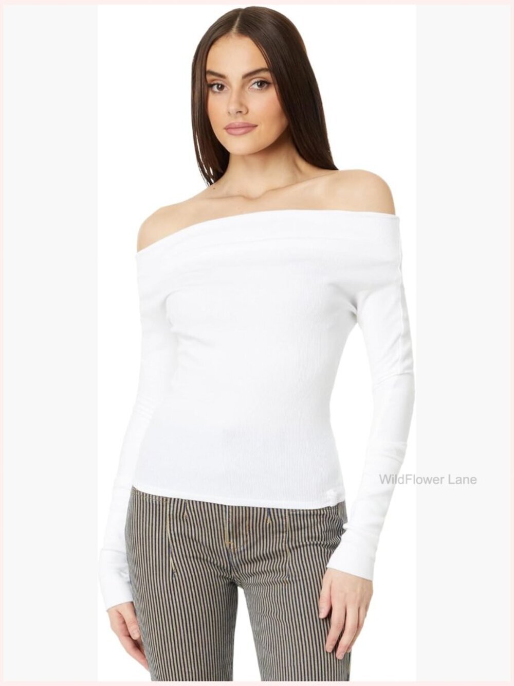 Long Sleeve Off-Shoulder Cotton Blend T-Shirt